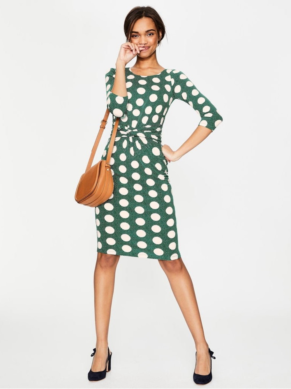 Boden Green Polka Dot Stretch Jersey Twist-Waist 3/4 Sleeve Dress Women 12L